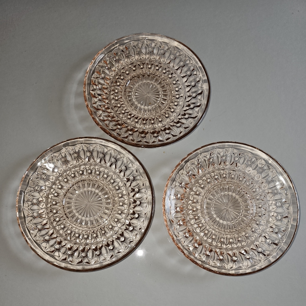 Vintage Pink Depression Glass saucers. Jeanette Buttons and Bows. Set of 3.